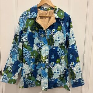 London Fog | Reversible Trench Coat Women's Sz XS Tan Blue Floral Rain Jacket